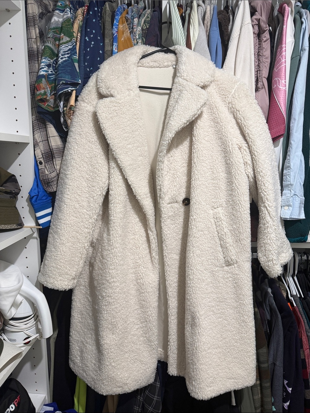 Women’s Cream Faux Sherpa Coat - Single-Button Teddy Overcoat